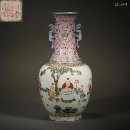 China Qing Dynasty Pastel engraved boy Amphora