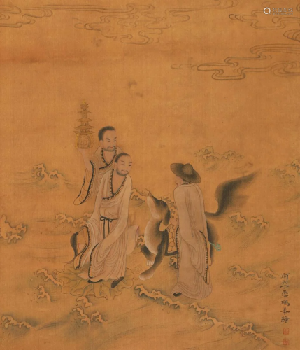 Chinese ink painting, figure on silk by Ding Yunpeng