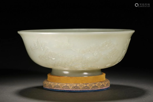 Qing Dynasty Hetian Jade Carved Flower and Bird Bowl
