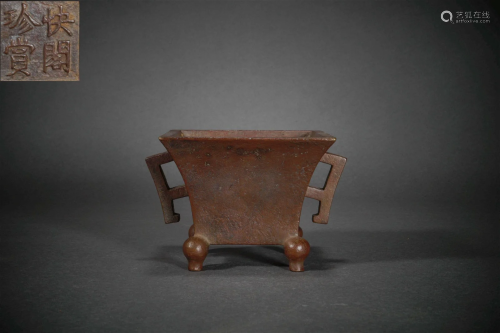 Ming Dynasty purple copper double-eared square furnace