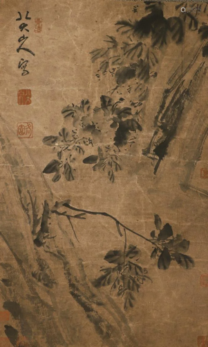 Chinese ink painting, Bada Shanren flower drawing on paper