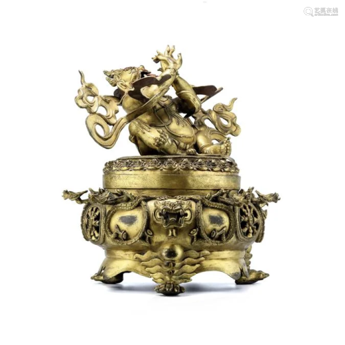 Qing Dynasty Gilt "Eat Dakini Buddha" Incense Burn...