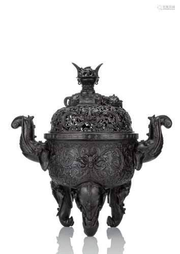A LARGE CHINESE BRONZE ELEPHANT CENSER AND COVER OF TRIPOD F...