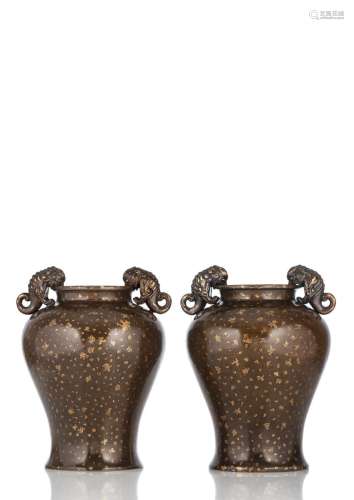 A FINE PAIR OF GILT-SPLAHED BRONZE VASES WITH ANIMAL HANDLES