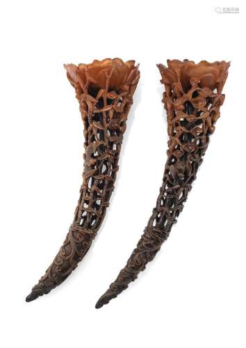 A PAIR OF LARGE CARVED FULL-TIP RHINOCEROS HORN LIBATION &#x...