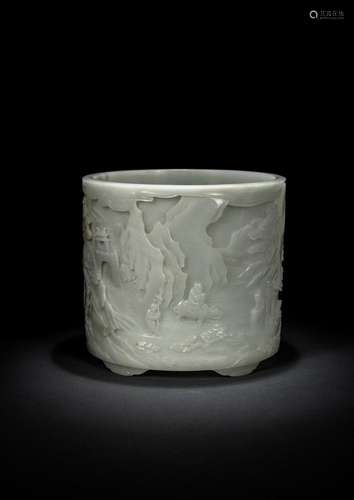 AN EXCEPTIONAL WHITE LIGHT GREEN AND RUSSET JADE BRUSHPOT