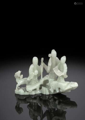 A FINE CARVED PALE CELADON JADE 'THREE STAR GODS' ...