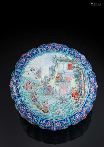A CANTON ENAMEL BOX AND COVER WITH THE SCENE "FLOODING ...