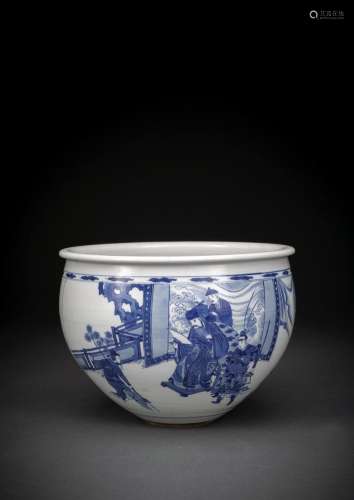 A FINE PAINTED BLUE AND WHITE PORCELAIN CACHEPOT WITH A ROMA...