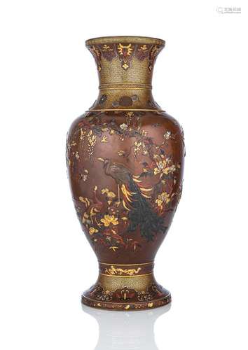 A FINE AND LARGE PEACOACK PAIR AND BIRDS IROE-TAKAZOGAN VASE...