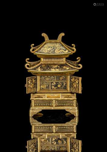 A FINE GOLD- AND SILVER-INLAID KOMAI PAGODA-SHAPED CABINET W...