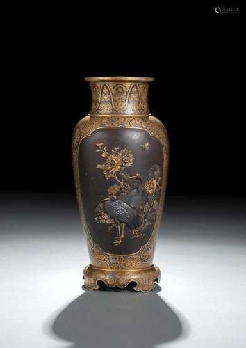 A FINE KOMAI STYLE IROE-TAKAZOGAN IRON VASE WITH EGRETS AND ...