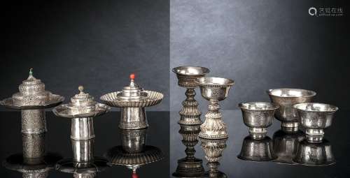A GROUP OF THREE SILVER STANDS AND CUPS AND COVERS AND TWO B...