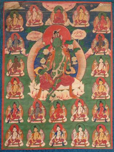 A THANGKA WITH THE GREEN TARA AND 20 FURTHER EMANATIONS OF T...