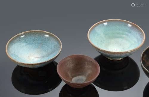 TWO LAVENDER GLAZED JUNYAO BOWLS AND A LIGHT BROWN GLAZED TE...