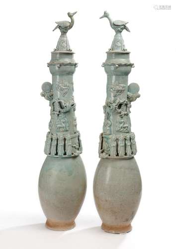 A PAIR OF EXCEPTIONALLY LARGE QINGBAI FUNERARY URNS AND COVE...