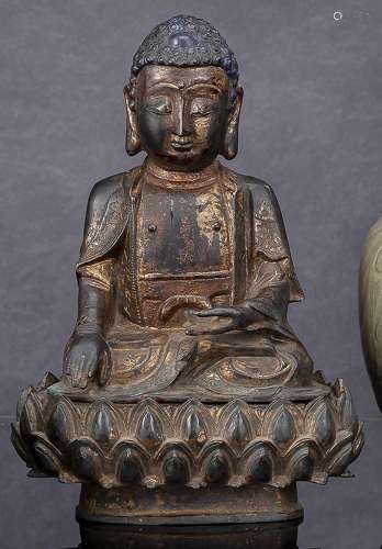 A GILT-LACQUERED BRONZE FIGURE OF A SEATED BUDDHA ON A SEPAR...