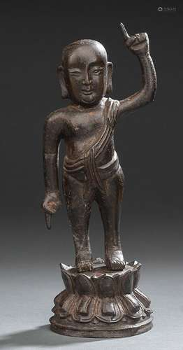 A BRONZE FIGURE OF STANDING INFANT BUDDHA