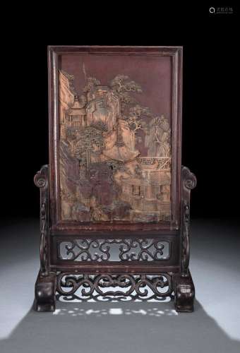A CARVED DUAN STONE TABLE SCREEN DEPICTING A SCOLARLY MOUNTA...