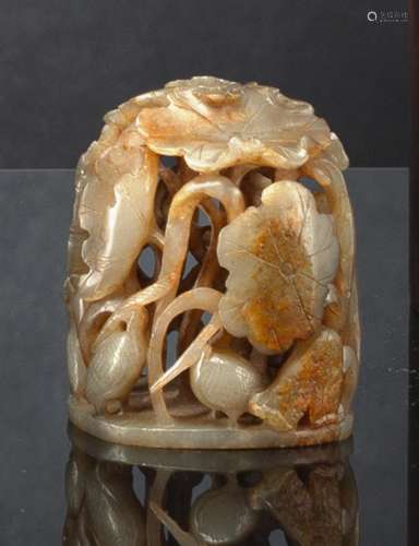 A WELL CARVED LOTUS AND CRANE JADE HANDLE