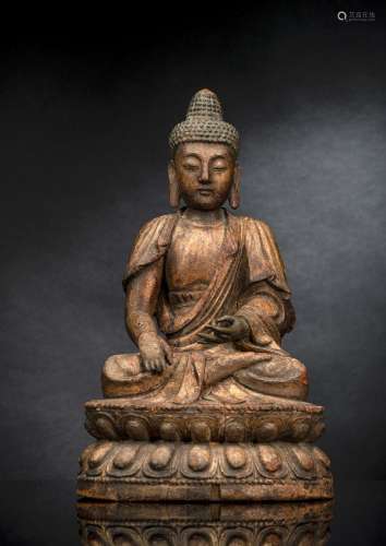 A GILT-LACQUERED WOOD FIGURE OF BUDDHA SHAKYAMUNI