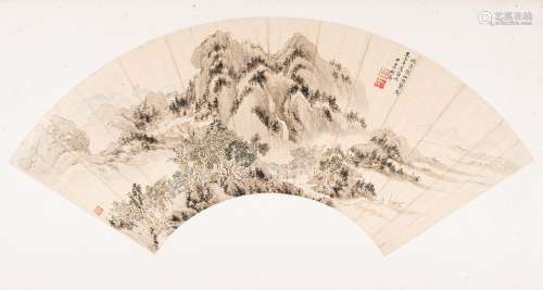 A FINE FAN PAINTING WITH LANDSCAPE BY HU JIE (ACTIVE 1694-17...