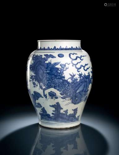 A LARGE BLUE AND WHITE QILIN AND PHOENIX JAR