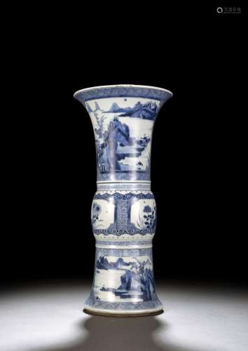 A GU-SHAPED BLUE AND WHITE VASE WITH SCENES OF SEA LANDCAPES...