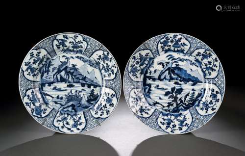 APAIR OF BLUE AND WHITE SEA LANDSCAPE PLATES WITH FLOWER BRA...
