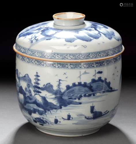 A BLUE AND WHITE PORCELAIN TUREEN AND COVER WITH A SEA LANDS...