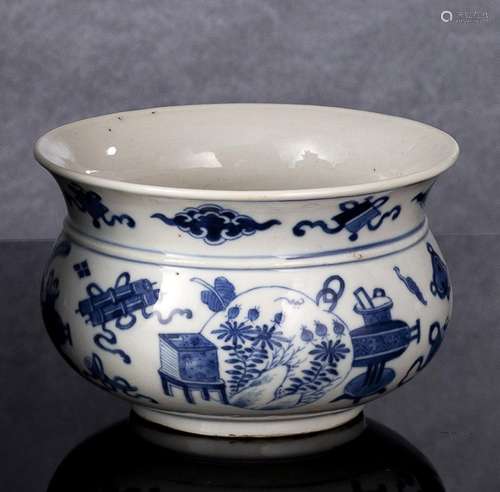 A BLUE AND WHITE PORCELAIN CENSER WITH EMBLEMS AND ANTIQUES