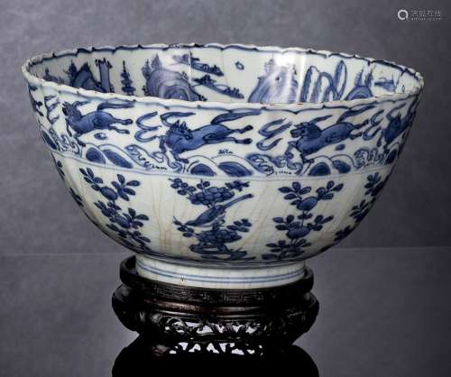 A BLOSSOM-SHAPED BLUE AND WHITE FLOWER AND LANDSCAPE BOWL ON...