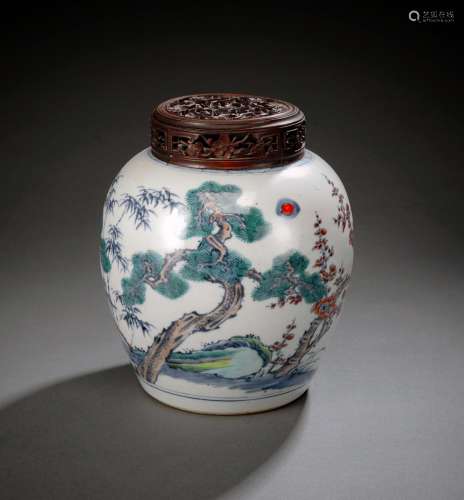 A DOUCAI 'THREE WINTER FRIENDS' JAR WITH CARVED WO...
