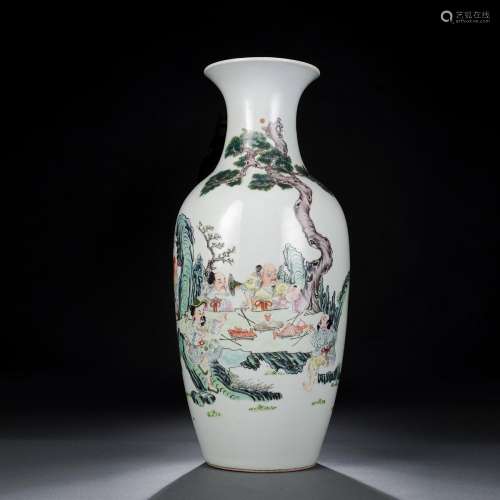 A LARGE FAMILLE ROSE VASE WITH A FIGURAL SCENE WITH A FISH L...