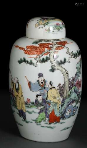 A POLYCHROME PAINTED PORCELAIN IMMORTAL JAR AND COVER