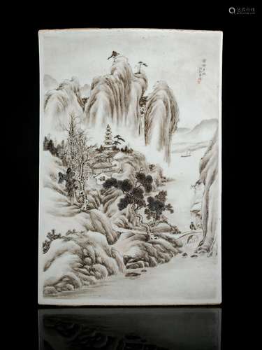 A PORCELAIN PLAQUE DEPICTING AN EVENING SCENERY AT LEIFENG P...