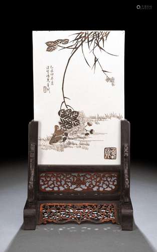 A PORCELAIN TABLE SCREEN DEPICTING DUCKS AMONG PEONY FLOWERS...