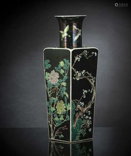 A SQUARE FAMILLE NOIRE PORCELAIN VASE WITH FLOWERS