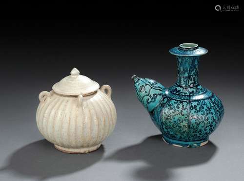 A CREAM GLAZED JAR AND COVER AND A TURQUOISE-GLAZED KENDI