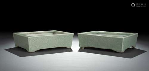 A PAIR OF CELADON-GLAZED PORCELAIN JARDINÉRES WITH LOTUSAND ...