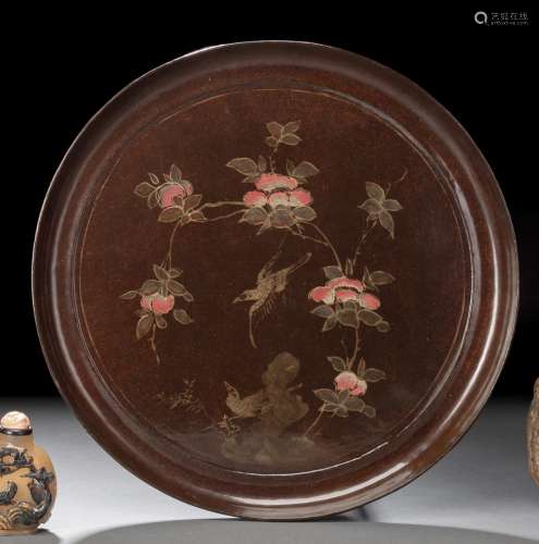 A LACQUER DISH WITH CAMELIA AND BIRDS