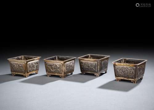 A SET OF FOUR SILVER SQUARE JARDINIÉRES WITH DRAGON, BAMBOO,...