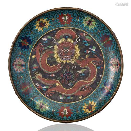 A LARGE DRAGON AND LOTUS CLOISONNÉ ENAMEL CHARGER