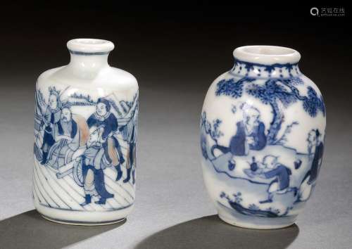 TWO BLUE AND WHITE FIGURAL DECORATED PORCELAIN SNUFFBOTTLES,...