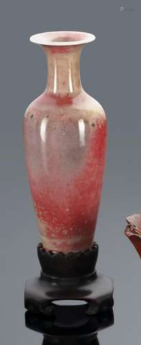 A PEACHBLOOM-GLAZED 'GUANYIN' BOTTLE VASE AND WOOD...