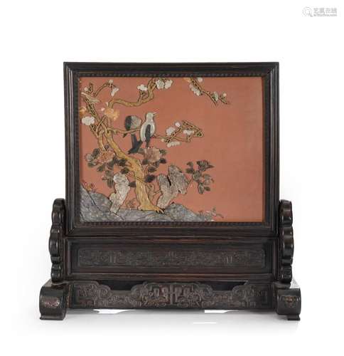 A CARVED WOOD AND INLAID TABLE SCREEN DEPICTING BIRDS AND FL...