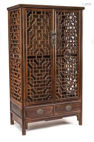 A PAIR OF OPENWORK DOOR AND SIDE WALL WOOD CABINETS WITH TWO...