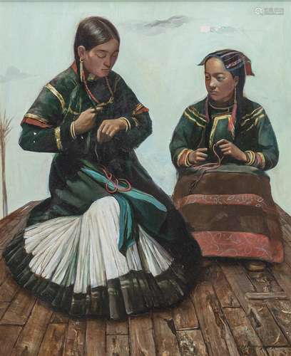 PORTRAIT OF TWO GIRLS IN TRADITIONAL YI MINORITY CLOTHES SIT...