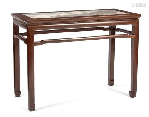 A RECTANGULAR DARK WOOD TABLE WITH MARBLE TOP