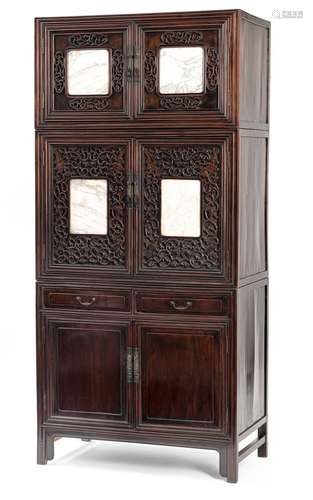 A THREE-PART CARVED HONGMU CABINET WITH INLAID MARBLE PANELS